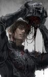  1boy adventurer_(ff14) armor arms_up bangs black_armor blank_eyes blood blood_on_clothes blood_on_face blood_trail bloodshot_eyes breastplate brown_hair carrying_overhead commentary dark_knight_(final_fantasy) dripping english_commentary facial_hair fake_horns final_fantasy final_fantasy_xiv from_below gauntlets gem grey_background headwear_removed helmet helmet_removed highres holding holding_helmet horned_helmet horns hyur male_focus parted_lips pauldrons realistic red_gemstone short_hair shoulder_armor solo stubble upper_body xxxmsm 