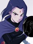  1girl awawawaart breasts cape closed_mouth colored_skin dc_comics english_commentary forehead_jewel frown grey_skin highres leotard looking_at_viewer medium_breasts purple_eyes purple_hair raven_(dc) short_hair solo teen_titans 