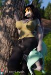  3d_(artwork) anthro bat_wings black_hair bottomwear bulge clothing curled_hair digital_media_(artwork) domestic_cat felid feline felis green_eyes hair hi_res mammal mask membrane_(anatomy) membranous_wings pants plant rinny rinny_(character) shadow skinsuit tabby_cat tight_clothing tree wings 