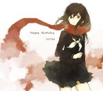  163yunatsu 1girl bangs birthday black_hair black_sailor_collar black_serafuku black_skirt clenched_hand cowboy_shot cropped_legs dated english_text enpera floating_scarf hair_between_eyes hair_ornament hairpin happy_birthday kagerou_project limited_palette long_hair long_sleeves looking_away mekakucity_actors multiple_hairpins neckerchief paint parted_lips pleated_skirt red_eyes red_scarf sailor_collar scarf school_uniform serafuku skirt sleeve_cuffs solo tateyama_ayano tearing_up white_background white_neckerchief 