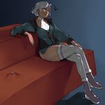  1boy 1girl asticassia_school_uniform bulge couch crossed_legs dark-skinned_female dark_skin green_eyes grey_hair gundam gundam_suisei_no_majo jacket nimuno_(munimuni) school_uniform secelia_dote short_hair short_shorts shorts sitting sitting_on_face smirk solo_focus thighhighs thighs white_thighhighs 