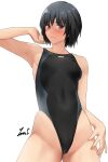  1girl amagami black_hair black_one-piece_swimsuit breasts brown_eyes competition_swimsuit covered_navel cowboy_shot highleg highleg_swimsuit highres nanasaki_ai one-piece_swimsuit short_hair simple_background small_breasts solo swimsuit two-tone_swimsuit white_background yoo_tenchi 