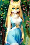  2022 anthro armband blonde_hair blue_clothing blue_dress blue_eyes breasts clothed clothing detailed_background dress female flower fur hair half-length_portrait hi_res long_hair looking_at_viewer neck_tuft original_characters plant portrait simple_background smile smiling_at_viewer solo tuft yellow_body yellow_fur 