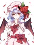  1girl ametama_(runarunaruta5656) bat_wings closed_mouth fingernails flower hand_on_hip hat hat_ribbon highres leaf long_fingernails looking_at_viewer petals purple_hair red_eyes red_flower red_nails red_ribbon red_rose remilia_scarlet ribbon rose short_hair simple_background smile solo touhou white_background white_headwear wings wrist_cuffs 