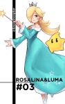  1girl 1other blonde_hair blue_dress blue_eyes character_name cross cross_earrings crown dress earrings highres jewelry long_dress long_sleeves luma_(mario) mario_(series) off-shoulder_dress off_shoulder rosalina smile snoozincopter star_(symbol) super_mario_galaxy wand 