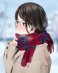  1girl black_hair blush breath brown_eyes glasses jacket mattaku_mousuke original scarf solo upper_body watermark winter 