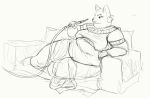  2021 anthro belly cettus clothing domestic_cat ear_piercing emperor empress_isra felid feline felis female furniture hookah jewelry lying lying_on_sofa mammal on_side on_sofa overweight overweight_anthro overweight_female piercing royalty sketch smoking sofa solo 