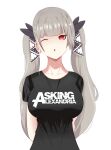  1girl absurdres arms_behind_back artist_request asking_alexandria azur_lane black_shirt breasts earrings fang formidable_(azur_lane) grey_hair hair_ribbon head_tilt highres jewelry large_breasts looking_at_viewer one_eye_closed open_mouth red_eyes ribbon shirt twintails white_background 