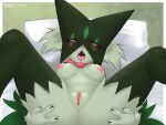  4:3 altenasoul anthro bedroom_eyes blush breasts censored female genitals green_body hi_res looking_at_viewer meowscarada narrowed_eyes nintendo nipples open_mouth pokemon pokemon_(species) purple_eyes pussy seductive solo spread_legs spreading tongue tongue_out video_games 