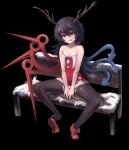  1girl absurdres alternate_costume antlers asymmetrical_wings bangs bench black_background black_hair black_thighhighs blue_wings blush bow breast_squeeze breasts cleavage commentary_request dress footwear_bow full_body fur-trimmed_dress fur_trim hair_between_eyes highres houjuu_nue long_hair looking_at_viewer open_mouth pom_pom_(clothes) red_bow red_dress red_eyes red_footwear red_wings ropeperson santa_dress shoe_dangle short_dress simple_background sitting small_breasts smile snow solo thighhighs tomoe_(symbol) tongue tongue_out touhou wings 