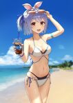  1girl absurdres alternate_costume animal_ears arm_strap beach bikini blue_hair blue_sky blurry blurry_background blush breasts bunny-shaped_pupils cleavage cloud cloudy_sky commentary cowboy_shot cup day disposable_cup drink drinking_straw eyewear_on_head highres holding holding_cup hololive light_blue_hair looking_at_viewer medium_breasts mimihachi navel o-ring o-ring_bikini o-ring_top ocean open_mouth outdoors rabbit_ears red-tinted_eyewear red_eyes short_hair short_twintails side-tie_bikini_bottom sky smile solo standing stomach sunglasses swimsuit symbol-shaped_pupils thick_eyebrows tinted_eyewear twintails usada_pekora virtual_youtuber wet white_bikini 
