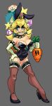  1girl alex_ahad animal_ears armlet black_footwear black_leotard black_thighhighs blonde_hair bowsette breasts carrot collar elbow_gloves gloves grey_background high_heels highres leotard mario_(series) mushroom new_super_mario_bros._u_deluxe piranha_plant playboy_bunny rabbit_ears rabbit_tail simple_background smile solo spiked_armlet spiked_collar spiked_shell spikes super_crown tail thighhighs 