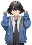  1girl black_hair brown_eyes glasses holding holding_hair hood hoodie mattaku_mousuke necktie original school_uniform short_hair sleeves_past_wrists solo watermark white_background 