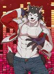  2019 5_fingers abs anthro blue_bottomwear blue_clothing blue_jeans blue_pants bottomwear brown_body brown_fur canid canine canis clothed clothing countershading denim denim_clothing fangs fingerless_gloves fingers fur gloves handwear headphones hi_res jacket jeans kemono male mammal muscular muscular_anthro muscular_male navel one_eye_closed open_clothing open_jacket open_mouth open_topwear pants pecs pink_tongue reaching_towards_viewer red_eyes sarasa_arujine shirtless shirtless_anthro shirtless_male snowjune solo standing teeth tongue topwear utau wolf 