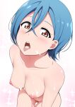  1girl absurdres bangs blue_hair blush breasts completely_nude cum cum_on_body cum_on_breasts earrings facial hetero highres jewelry large_breasts limelam06 long_bangs looking_at_viewer love_live! love_live!_superstar!! nipples nude open_mouth orange_eyes short_hair solo teeth tongue tongue_out upper_teeth wakana_shiki 