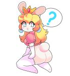  3_fingers absurd_res anthro armwear blonde_hair blue_eyes blush bottomless breasts butt clothed clothing crossover crown digital_media_(artwork) elbow_gloves female fingers fur gloves hair handwear hi_res lagomorph legwear long_hair looking_back mammal mario_bros mario_plus_rabbids_kingdom_battle nintendo onigiri_punch pawpads pink_clothing pink_topwear rabbid rabbid_peach raving_rabbids rayman_(series) simple_background solo speech_bubble stockings thigh_highs topwear ubisoft video_games 