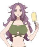  1girl :o a-maru_(aaa_circle0110) bikini breasts clothing_cutout food green_bikini hand_on_hip highres holding jun&#039;you_(kancolle) kantai_collection large_breasts long_hair looking_at_viewer nail_polish open_mouth parted_lips popsicle purple_eyes purple_hair simple_background solo swimsuit underboob_cutout upper_body white_background 
