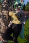  3d_(artwork) anthro bat_pony bat_wings blush bottomwear breasts bulge clothing digital_media_(artwork) equid erection green_eyes hand_on_breast hand_on_bulge hasbro hi_res intersex mammal membrane_(anatomy) membranous_wings my_little_pony pants plant pupils rinny shadow slit_pupils solo tree wings 