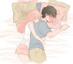  1boy 1girl aged_up anya_(spy_x_family) bangs bed_sheet blush closed_eyes closed_mouth couple damian_desmond green_hair hetero hug hug_from_behind long_hair minagawa_emu parted_bangs pillow pink_hair shirt short_sleeves shorts sleeping spy_x_family t-shirt yes yes-no_pillow 