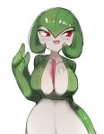 1girl absurdres arm_at_side bangs blush bob_cut breasts collarbone colored_skin commentary english_commentary gardevoir green_hair green_skin hair_between_eyes half-closed_eyes hand_up happy highres large_breasts looking_to_the_side multicolored_skin my700 open_mouth pokemon pokemon_(creature) red_eyes shiny shiny_hair shiny_skin short_hair simple_background sketch smile solo standing straight-on two-tone_skin upper_body waving white_background white_skin 