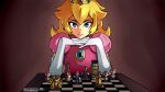  1girl absurdres actor_connection anya_taylor-joy artist_name bangs blonde_hair bottle bowser chessboard commentary dress earrings fire_flower gloves hair_behind_ear highres jewelry long_hair looking_at_viewer luigi mag_(magdraws) mario mario_(series) mushroom parody pink_dress princess_daisy princess_peach revision solo starman_(mario) straight-on the_queen&#039;s_gambit the_super_mario_bros._movie toad_(mario) voice_actor_connection white_gloves 