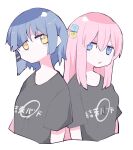  2girls bangs black_shirt blue_eyes blue_hair bocchi_the_rock! closed_mouth cube_hair_ornament gotou_hitori hair_between_eyes hair_ornament hair_over_eyes hifumitaka long_hair mole mole_under_eye multiple_girls one_side_up open_mouth pink_hair shirt short_hair short_sleeves simple_background sweat white_background yamada_ryou yellow_eyes 