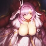  1girl bangs breasts cleavage closed_mouth dress elysia_(honkai_impact) eyes_visible_through_hair from_above hair_intakes highres honkai_(series) honkai_impact_3rd jewelry juliet_sleeves lace-trimmed_dress lace_trim large_breasts long_hair long_sleeves necklace on_chair pink_hair puffy_sleeves purple_eyes qingmingtongzi sidelocks sitting smile solo swept_bangs symbol-shaped_pupils white_dress 