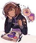 1girl asahina_mafuyu bangs black_shirt brown_eyes brown_hair closed_mouth clothing_cutout commentary cross-laced_sleeves danny_(squizoky) drawing elbows_on_table english_commentary eraser frown hair_ornament head_rest heart heart_hair_ornament holding holding_pencil long_sleeves negai_wa_itsuka_asa_o_koete_(project_sekai) no_eyes official_alternate_costume pen pencil plaid plaid_skirt project_sekai purple_eyes purple_hair purple_skirt shinonome_ena shirt short_hair shoulder_cutout simple_background sketchbook skirt solo sparkle swept_bangs thought_bubble unamused upper_body white_background yami_kawaii 