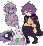  1girl :d bernadetta_von_varley black_footwear blush boots do_m_kaeru drawstring fire_emblem fire_emblem:_three_houses garreg_mach_monastery_uniform goomy high_heel_boots high_heels long_sleeves messy_hair multiple_views open_mouth pokemon pokemon_(creature) purple_eyes purple_hair shellder short_hair simple_background smile squatting thigh_boots white_background 