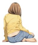  1girl ass barefoot black_panties brown_hair denim facing_away jeans mattaku_mousuke original panties pants panty_peek sitting solo underwear watermark white_background yokozuwari 