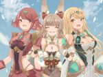  3girls blonde_hair blue_sky breasts chest_jewel cleavage cleavage_cutout clothing_cutout fangs gloves grey_hair headpiece locked_arms multiple_girls mythra_(xenoblade) nia_(blade)_(xenoblade) nia_(xenoblade) open_mouth pyra_(xenoblade) red_hair remaco sky smile tiara xenoblade_chronicles_(series) xenoblade_chronicles_2 