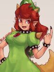  1girl artist_name bowser_peach bracelet breasts dress fangs green_dress green_headwear hat highres horns jewelry mario_(series) medium_breasts pointy_ears prototype red_eyes red_hair shoulder_spikes snoozincopter solo spiked_bracelet spikes super_mario_odyssey tail 