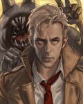  1boy artist_name blonde_hair claparo collared_shirt constantine dc_comics english_commentary john_constantine looking_at_viewer male_focus mature_male monster necktie red_necktie serious shirt short_hair tongue v white_shirt 