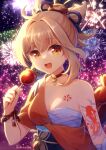  1girl :d aerial_fireworks arm_tattoo backlighting bangs blurry breasts candy candy_apple chest_tattoo choker cleavage commentary depth_of_field english_commentary fireworks food genshin_impact hadanugi_dousa hair_between_eyes highres hikariin25 holding holding_candy holding_food japanese_clothes light_brown_hair long_hair looking_at_viewer night night_sky obi obiage orange_eyes ponytail rope sarashi sash shimenawa sidelocks sky smile solo tattoo vision_(genshin_impact) yoimiya_(genshin_impact) 