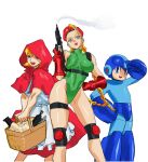  1boy 2girls basket blonde_hair blue_eyes braid bulleta cammy_white capelet dress gun helmet highres holding holding_basket holding_gun holding_weapon hood hooded_capelet leotard long_hair looking_at_viewer mega_man_(character) mega_man_(classic) mega_man_(series) multiple_girls open_mouth red_dress simple_background skin_tight smile smoke standing street_fighter taiyou thigh_strap tongue tongue_out twin_braids twintails vampire_(game) weapon white_background 