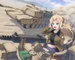  1girl ammunition_belt black_tank_top blonde_hair blue_eyes breasts browning_m2 caterpillar_tracks clenched_hand dated denim denim_shorts desert dust emblem english_commentary girls_und_panzer ground_vehicle hair_intakes hatch headset highres kaungmyat_naing kay_(girls_und_panzer) large_breasts long_hair m1_abrams midriff military military_vehicle motor_vehicle navel radio_antenna saunders_(emblem) saunders_military_uniform shorts solo tank tank_top 