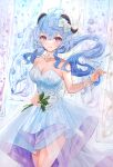  1girl alternate_costume bangs bare_arms bare_shoulders blue_hair blurry blurry_background breasts choker cleavage closed_mouth cowboy_shot dress flower ganyu_(genshin_impact) genshin_impact goat_horns herbarium holding holding_flower horns lace lace_choker long_hair looking_at_viewer medium_breasts minausa purple_eyes sidelocks smile solo thighs white_choker white_dress white_flower wrist_cuffs 