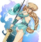  1girl alternate_costume armor ass bare_shoulders blonde_hair braid breasts commentary cosplay dress fire_emblem fire_emblem:_three_houses green_dress green_eyes highres holding holding_polearm holding_weapon ingrid_brandl_galatea lion long_hair looking_at_viewer looking_back luin_(fire_emblem) medium_breasts panties pantyshot polearm see-through shield short_dress sideboob sirknightbot solo sophitia_alexandra sophitia_alexandra_(cosplay) soulcalibur soulcalibur_iv spear trait_connection underwear upskirt urushihara_satoshi_(style) vambraces very_long_hair weapon white_panties wing_hair_ornament 
