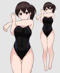  1girl absurdres ass_visible_through_thighs barefoot black_one-piece_swimsuit breasts brown_eyes brown_hair collarbone competition_swimsuit exercise hair_between_eyes highres kaga_(kancolle) kantai_collection large_breasts looking_at_viewer noruren one-piece_swimsuit short_hair side_ponytail smile stretching swimsuit zoom_layer 