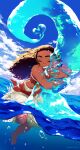  1girl bare_arms bare_shoulders blue_sky brown_hair closed_eyes curly_hair dark-skinned_female dark_skin grin highres hug long_hair midriff moana_(movie) moana_waialiki ocean ocean_(moana) pano_(mohayayamai) partially_underwater_shot sky smile solo strapless thick_eyebrows water 