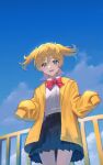  1girl bangs black_skirt blonde_hair blue_sky blurry blurry_background blush bow bowtie buttons cloud collared_shirt commentary cowboy_shot daiba_nana day english_commentary floating_hair from_below green_eyes green_ribbon hair_between_eyes hair_ribbon hands_up high-waist_skirt highres jacket kooan long_sleeves looking_at_viewer looking_down miniskirt open_clothes open_jacket outdoors parted_lips pleated_skirt railing red_bow red_bowtie ribbon school_uniform seishou_music_academy_uniform shirt shirt_tucked_in short_hair short_twintails shoujo_kageki_revue_starlight skirt sky sleeves_past_fingers sleeves_past_wrists smile solo standing twintails white_shirt yellow_jacket 