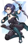  1girl armor arrow_(projectile) black_choker black_gloves black_pants black_shirt blue_footwear blue_hair blue_jacket boots bow_(weapon) breasts choker cleavage commentary fire_emblem fire_emblem:_three_houses gloves hair_between_eyes high_heel_boots high_heels highres holding holding_bow_(weapon) holding_weapon jacket large_breasts leggings open_clothes open_jacket pants purple_eyes quiver shamir_nevrand shirt short_hair short_sleeves shoulder_armor sirknightbot solo strapless strapless_shirt weapon 