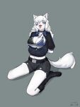  absurd_res anthro blue_eyes boots canid canine canis clothing collar female footwear fur gfox404 hair hi_res kneeling mammal solo tongue underwear white_body white_fur white_hair wolf 