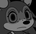  2021 animal_crossing big_pupils black_background dilated_pupils female frown greyscale guywiththepie headshot_portrait looking_at_viewer low_res monochrome nintendo portrait pupils sable_able simple_background stare thousand_yard_stare tired_eyes video_games 