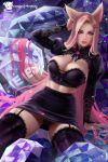  1girl ahri_(league_of_legends) animal_ears arm_support arm_up black_pantyhose black_shirt black_skirt black_thighhighs blonde_hair blue_eyes breasts cleavage commentary crop_top facial_mark fox_ears gradient_hair hair_ornament hairclip highres k/da_(league_of_legends) large_breasts league_of_legends long_hair looking_at_viewer miniskirt mole mole_on_thigh multicolored_hair panties pantyhose pantyshot pencil_skirt petals pink_hair prywinko shirt shrug_(clothing) sitting skirt solo spread_legs thighhighs underwear very_long_hair whisker_markings 