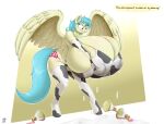  2018 absurd_res animal_print anthro armwear badgerben big_breasts biped blue_hair bodily_fluids breast_expansion breasts clothing cow_print cutie_mark elbow_gloves english_text equid equine expansion female footwear gloves hair handwear hasbro hi_res holding_breast huge_breasts hyper hyper_breasts hyperstorm_h lactating lactating_through_clothing legwear looking_at_own_breasts looking_at_self mammal mercury_drop_(oc) milk milk_on_floor my_little_pony nipple_outline pegasus potion_bottle purple_eyes socks solo speech_bubble text thigh_highs thigh_socks wet wet_clothing wings yellow_body yellow_speech_bubble 