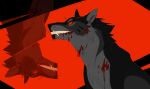  ambiguous_gender black_body black_fur black_nose blackscour blood_on_face blood_on_neck bust_portrait canid cheek_tuft chest_tuft facial_tuft fangs feral fur grey_body grey_fur grin looking_at_viewer mammal neck_tuft portrait simple_background smile solo tuft 