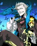  1boy ascot black_gloves blue_eyes bug butterfly cane cape crossed_legs facial_hair fate/grand_order fate_(series) gloves grey_hair grin james_moriarty_(archer)_(fate) male_focus mustache one_eye_closed panda=hiro smile vest 