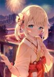 1girl absurdres bangs blonde_hair blue_eyes blurry blurry_background blush bow closed_mouth fingernails fireworks flat_chest hair_ornament hana_mori highres hololive japanese_clothes kazama_iroha kimono long_sleeves looking_at_viewer nail_polish night night_sky out_of_frame outdoors scan shiny shiny_hair simple_background sky solo translation_request upper_body virtual_youtuber wide_sleeves 