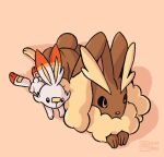  2019 brown_body brown_fur duo female feral fur generation_4_pokemon generation_8_pokemon iamprikle interspecies larger_female lopunny lying male male/female meme nintendo on_front pokemon pokemon_(species) scorbunny signature size_difference smaller_male tiny_rabbit_is_obsessed_with_giant_girlfriend video_games white_body white_fur 